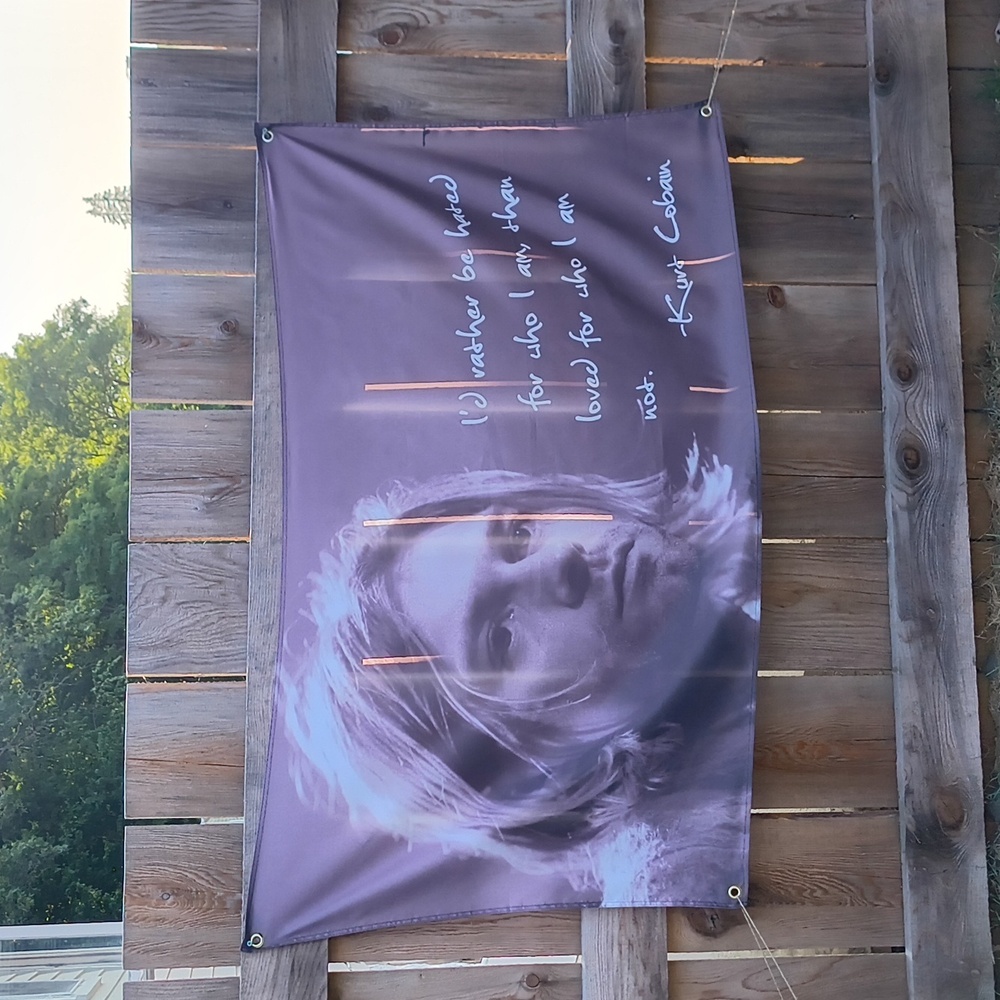 Home - Kurt Cobain Nirvana hated loved Quote Tapestry Banner Blk Wht 5ft. × 3ft.